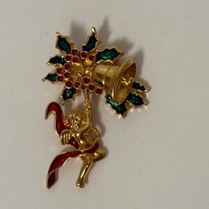 BROOCH PIN SMITHSONIAN CHRISTMAS ANGEL CHERUB BELL GOLD TONE GREEN RED SIGNED